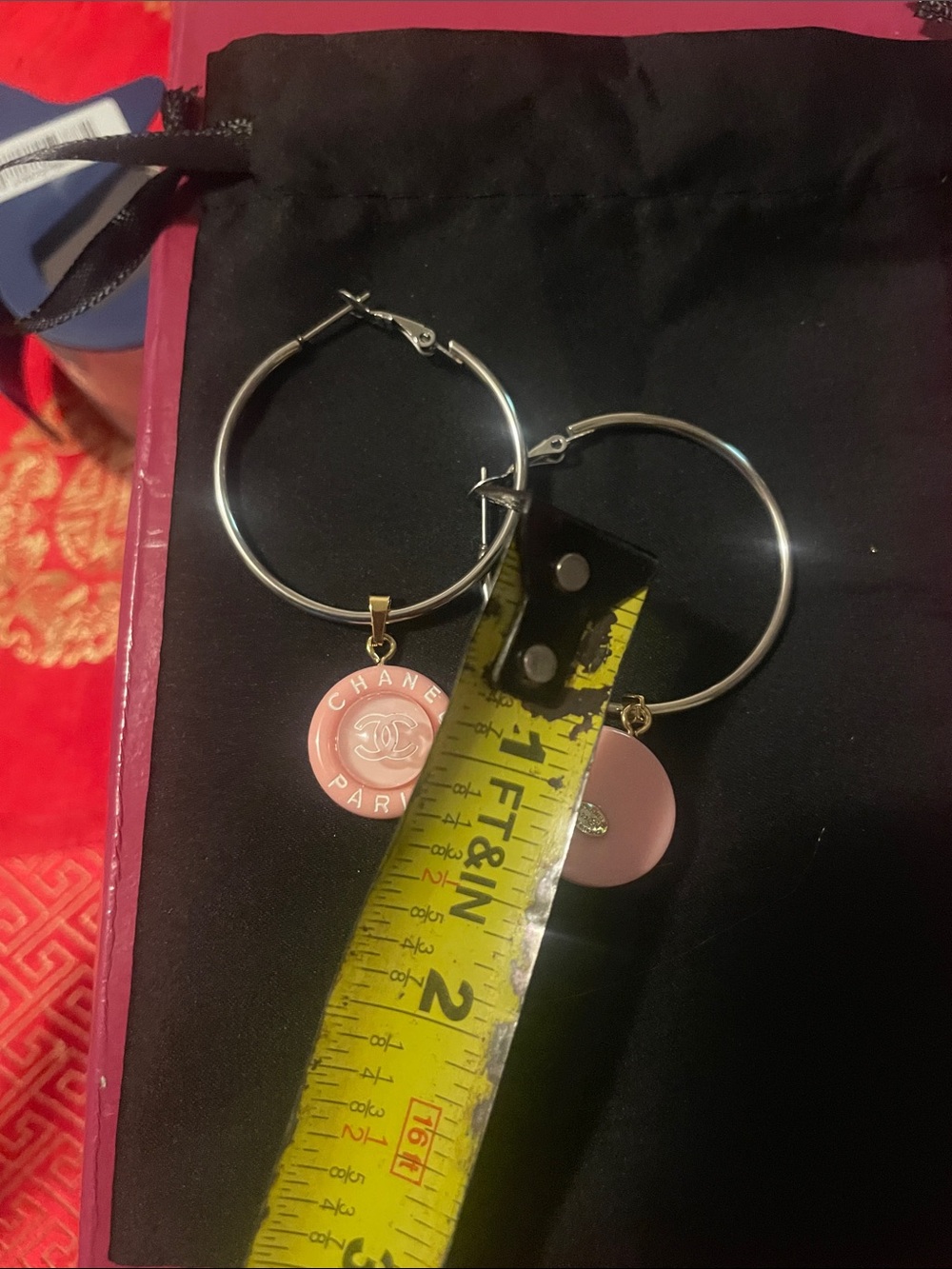 CHANEL upcycled Pink and Gold Hoop Earrings with Logo Disc - Picture 7 of 17
